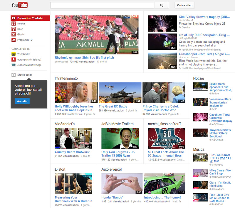 La pagina principale di YouTube